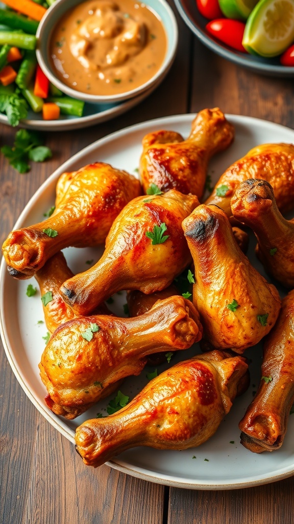 Oven-baked chicken drumsticks on a plate, garnished with herbs, served with dipping sauce and vegetables.
